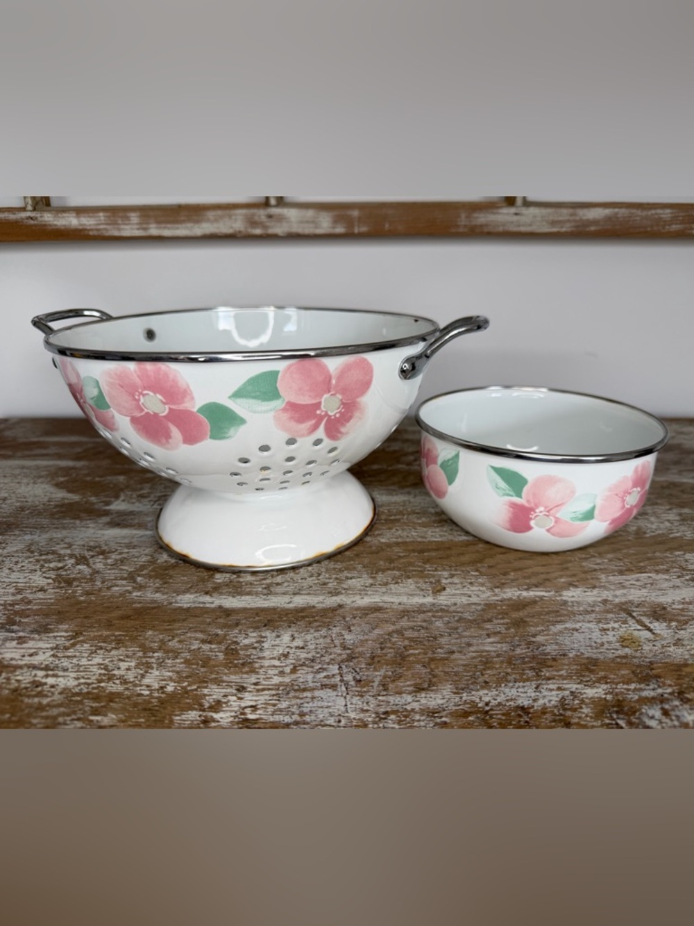 Floral Pink & Green Enamel Colander and Bowl Set